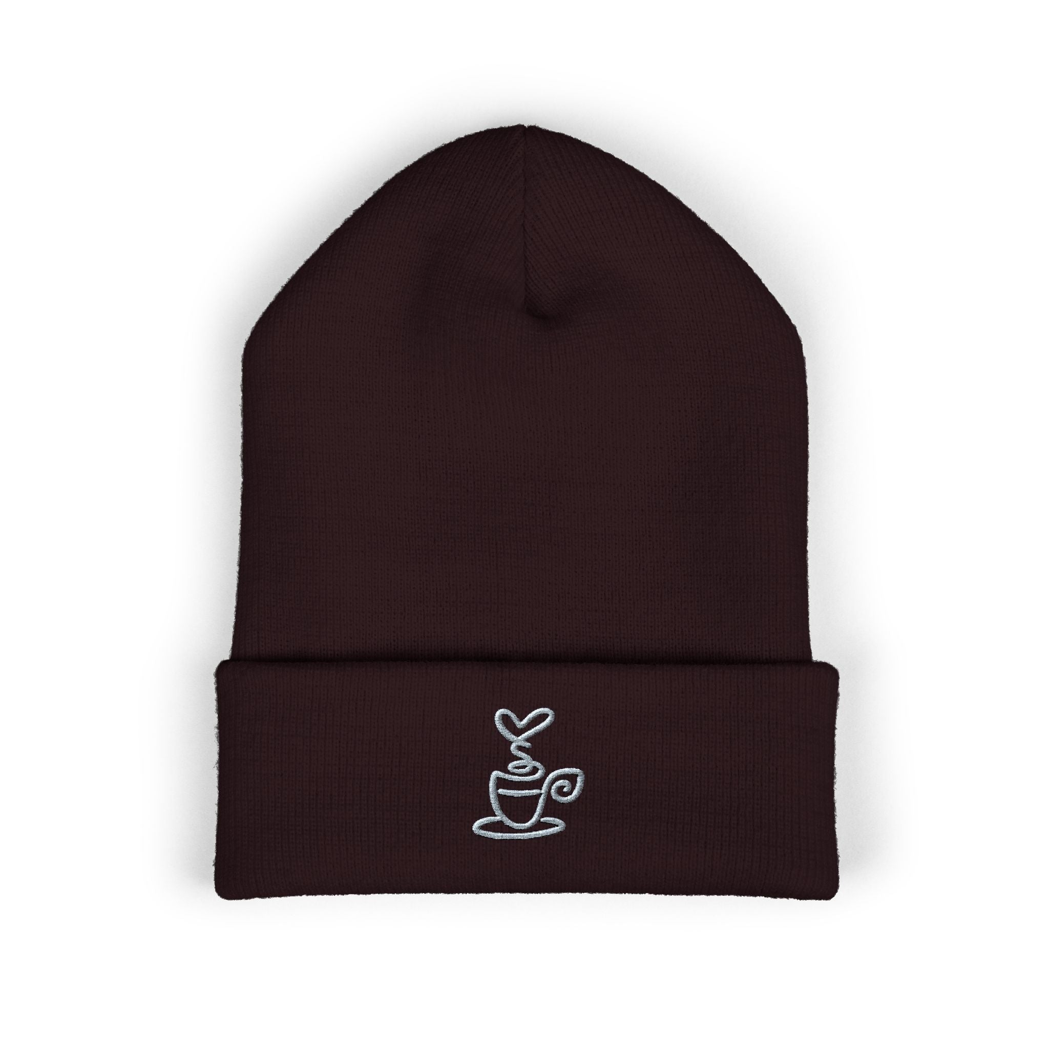 Embroidered coffee cup cuffed beanie in a minimalist cozy knit hat style.
