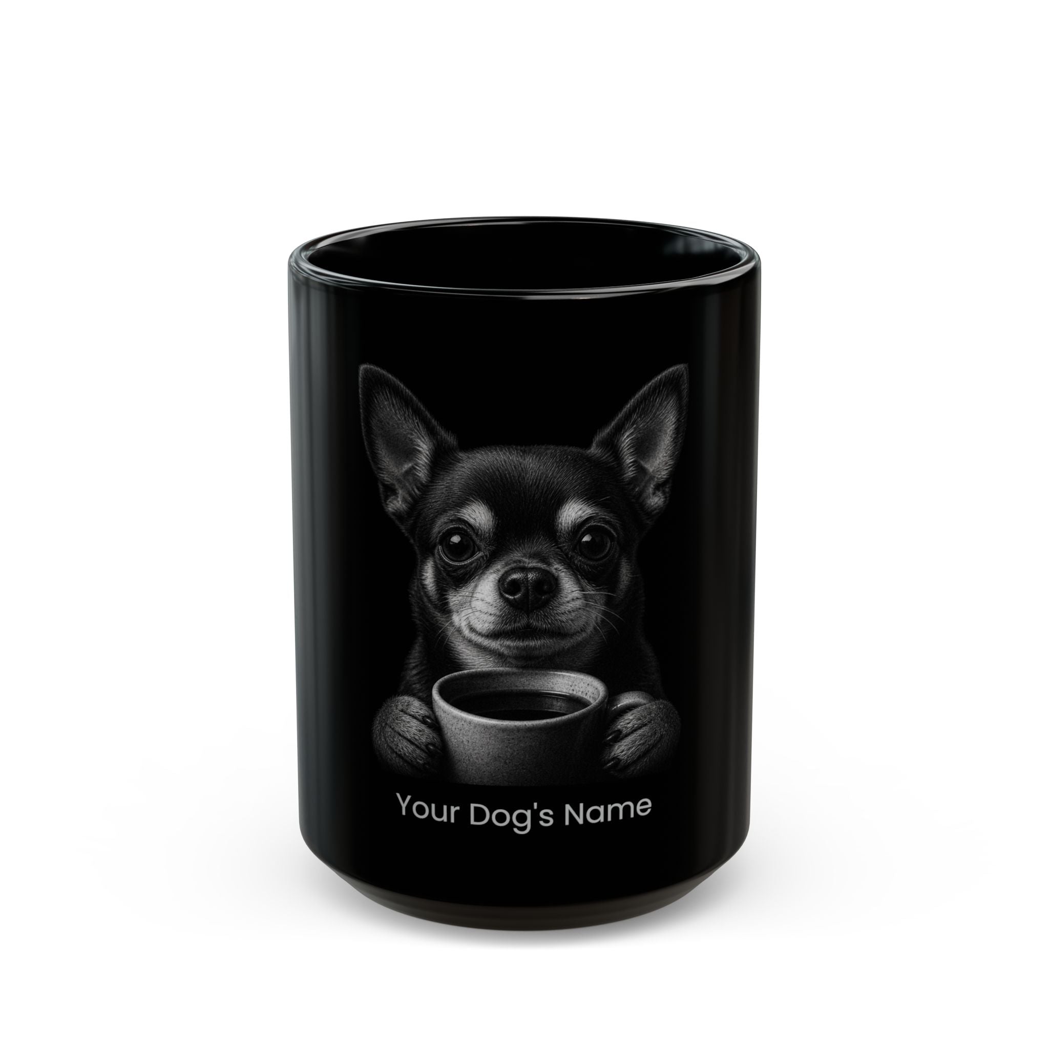 Personalized Smooth-Coat Chihuahua black ceramic coffee mug with custom dog name
