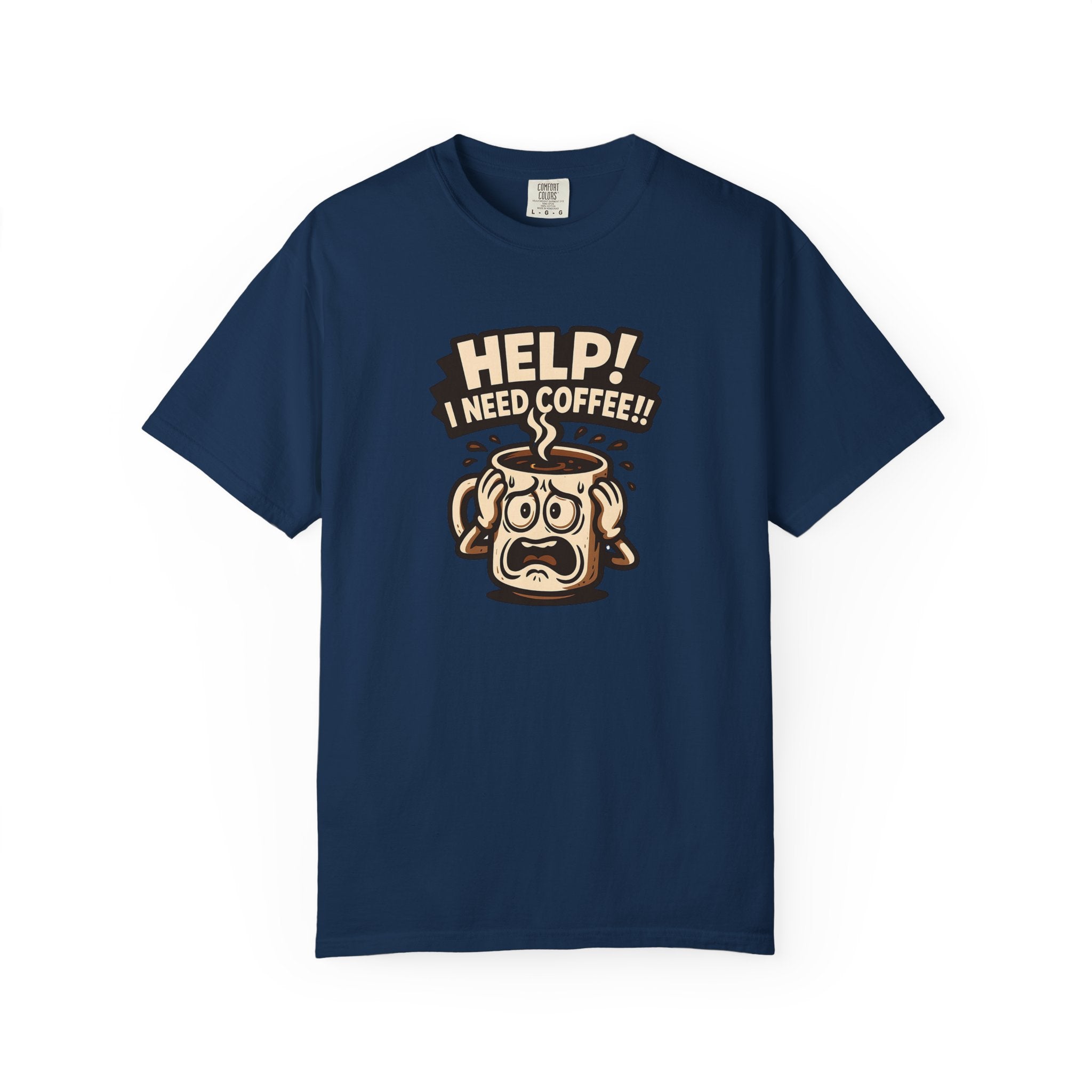 A navy blue oversized cotton t-shirt featuring a graphic of a panicked coffee mug.