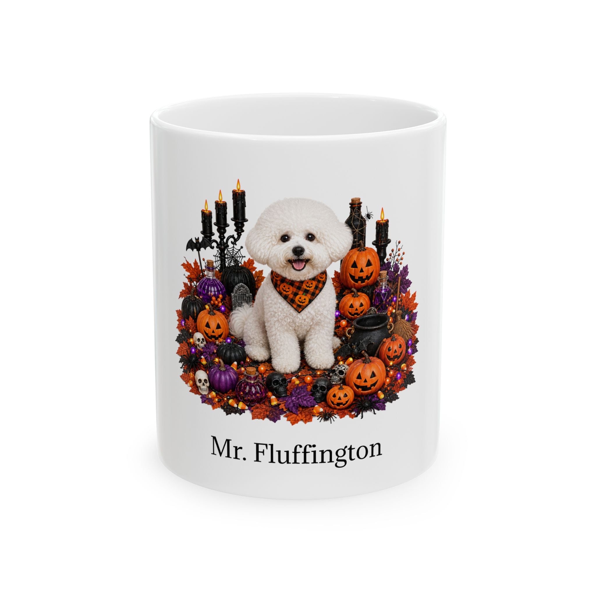 White Bichon Frise dog Halloween mug with custom pet name and spooky fall artwork — image 1