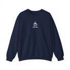 A navy blue crewneck sweatshirt featuring a small white graphic of a smiling coffee cup and the text coffee time.