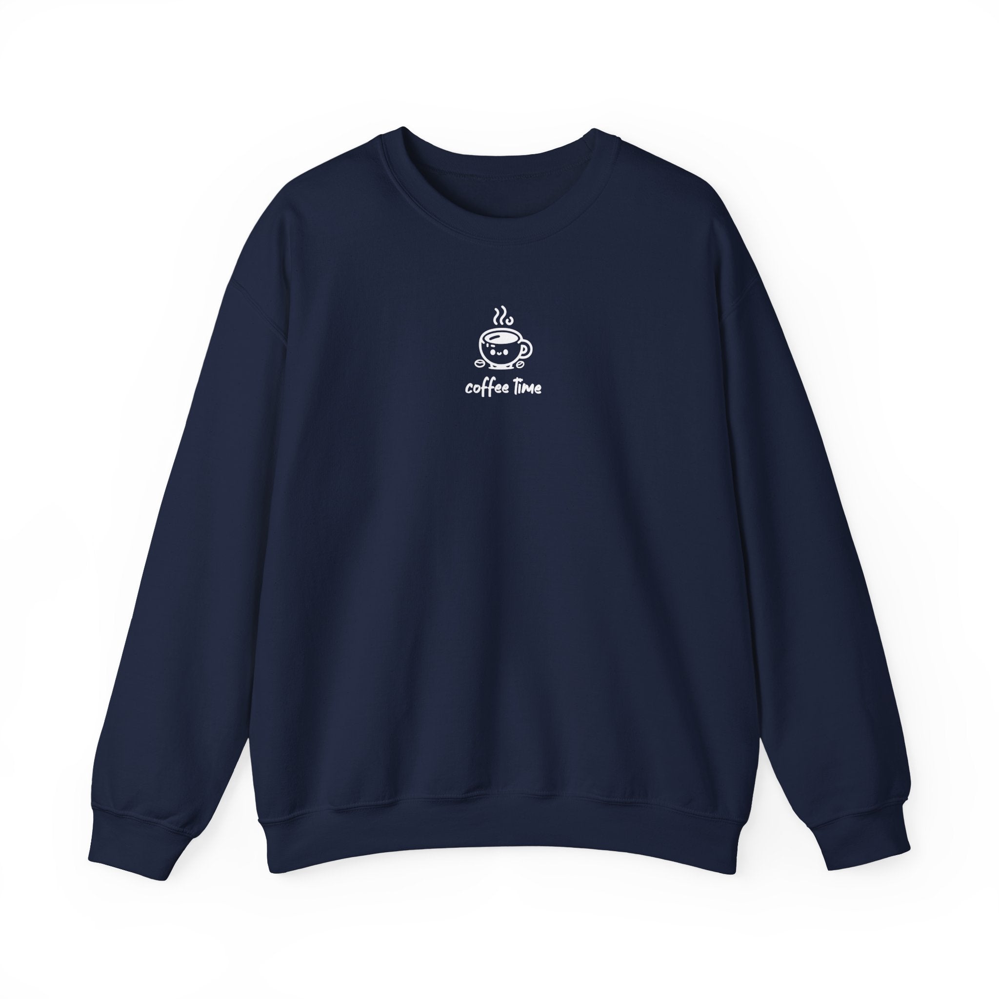 A navy blue crewneck sweatshirt featuring a small white graphic of a smiling coffee cup and the text coffee time.