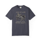 Dark grey Comfort Colors 1717 t-shirt with a coffee bean character lounging on a vintage sofa.