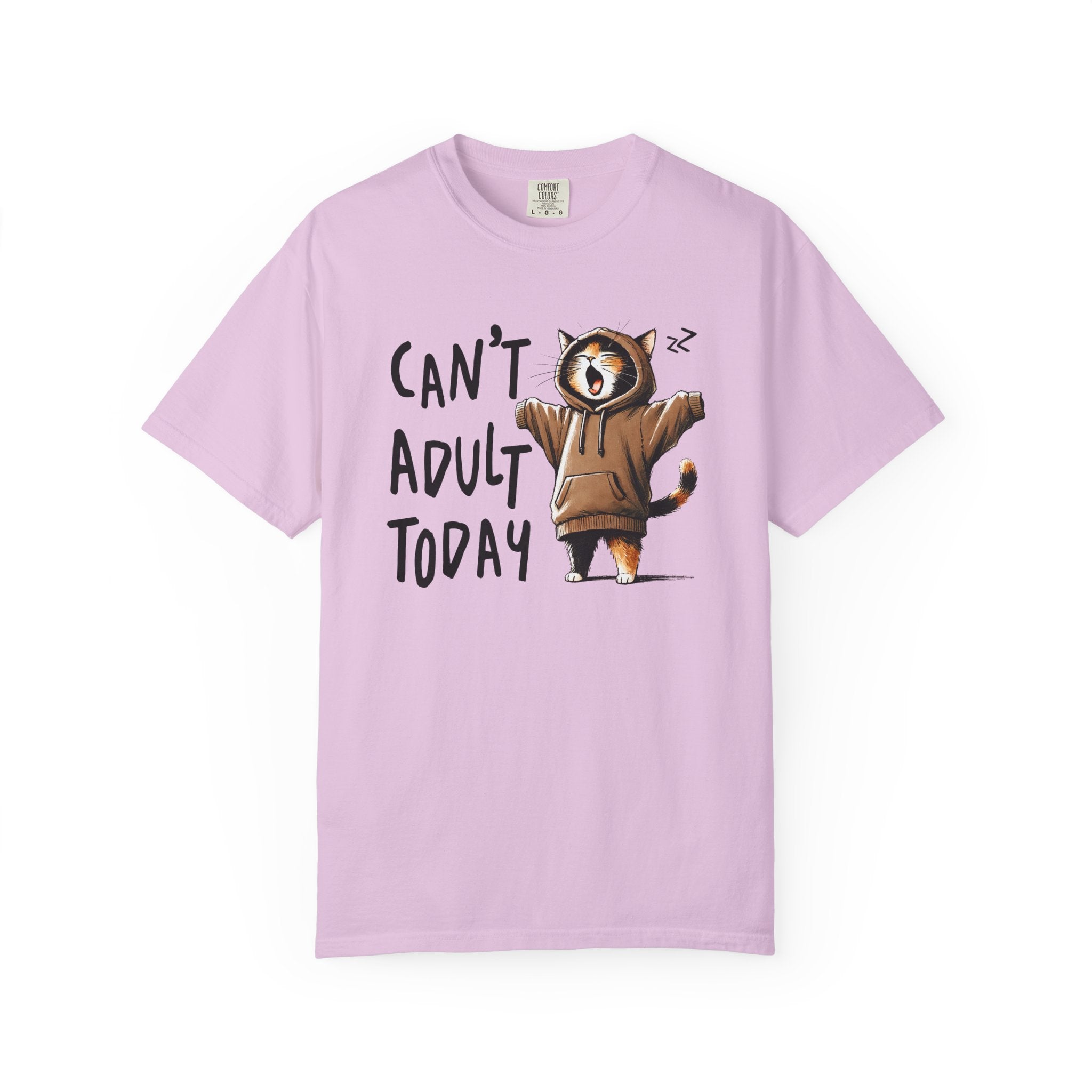 A light purple heavyweight cotton t-shirt featuring a graphic of a yawning cat in a hoodie.
