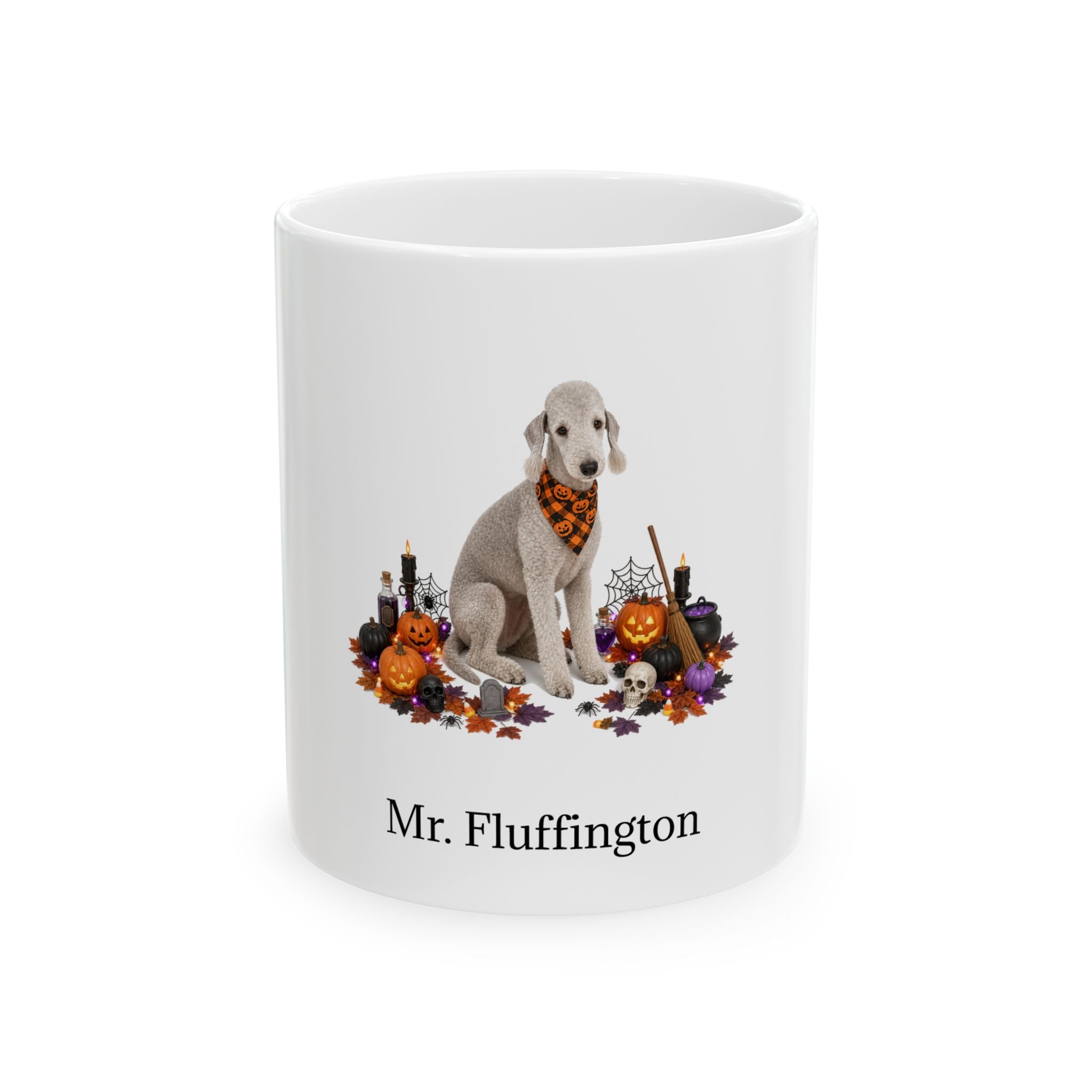 Personalized Bedlington Terrier dog Halloween mug, 15oz white ceramic, with custom pet name on front