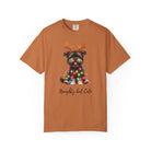 Rust-colored Comfort Colors unisex t-shirt featuring a Yorkie wearing reindeer antlers and lights.