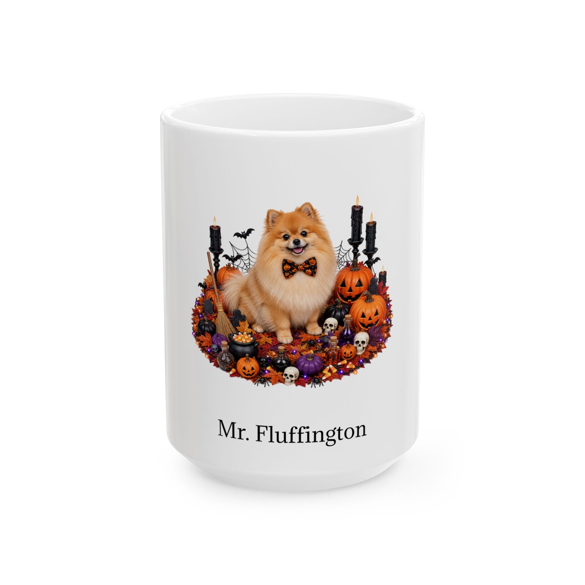 Personalized Pomeranian dog Halloween mug, 15oz white ceramic, with custom pet name on front