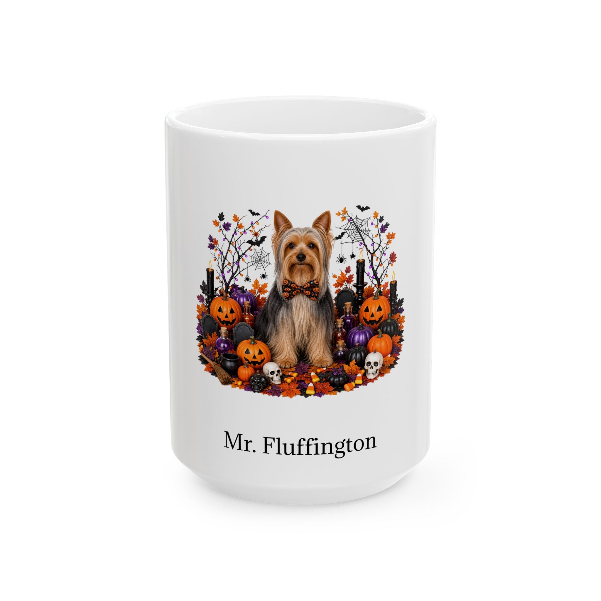 Personalized Silky Terrier dog Halloween mug, 15oz white ceramic, with custom pet name on front