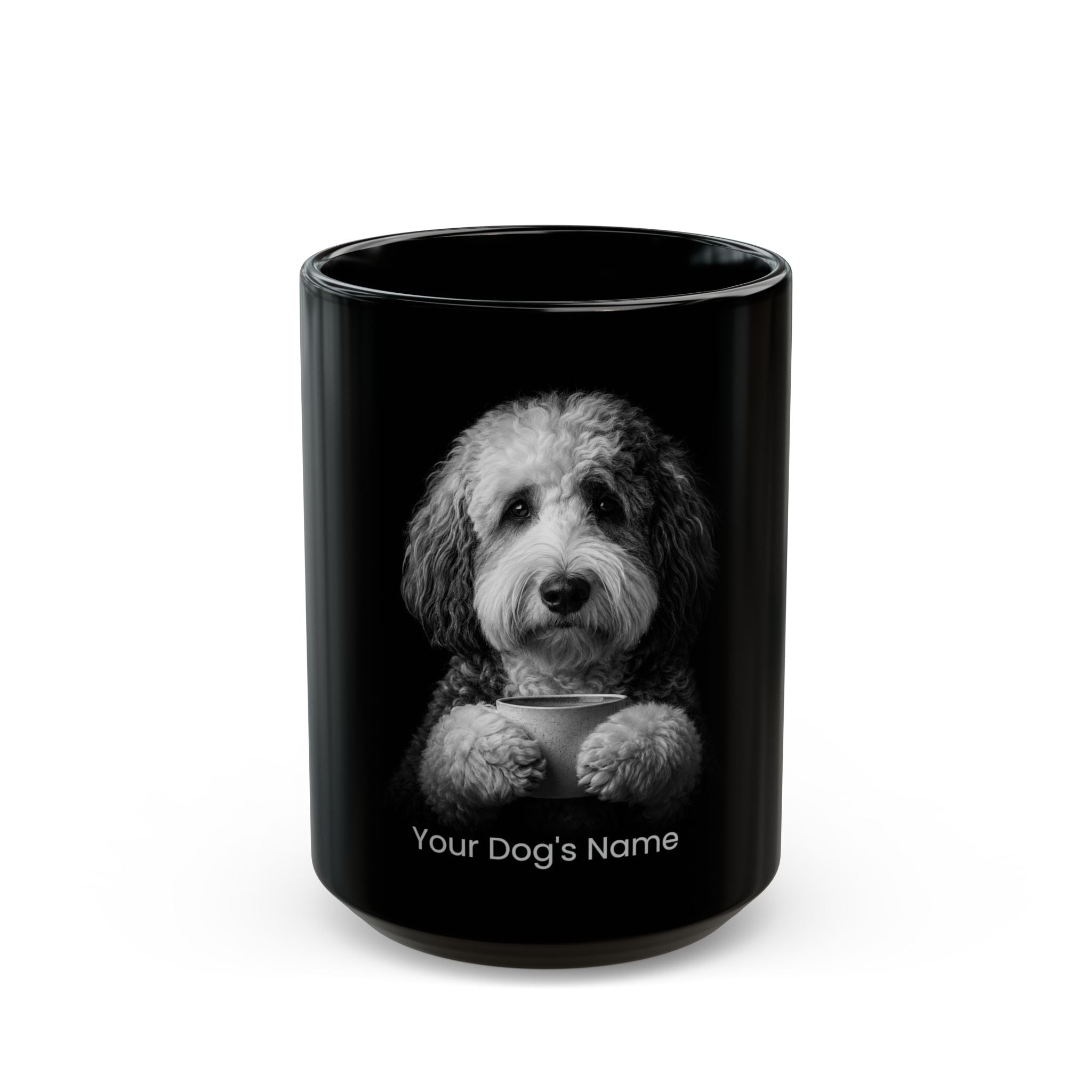 Personalized Sheepadoodle black ceramic coffee mug with custom dog name