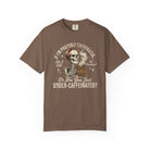 Brown t-shirt featuring a graphic of a skeleton wearing a red bandana and holding a coffee mug.