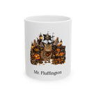 Personalized Manx cat Halloween mug, 11oz white ceramic, with custom pet name on front
