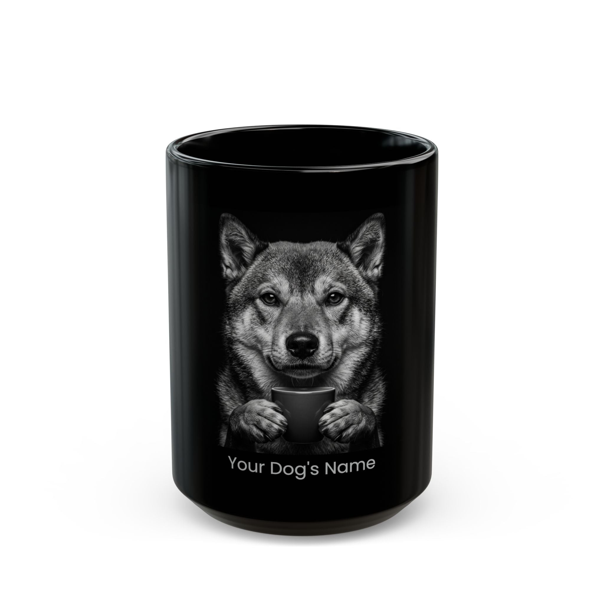 Personalized Shikoku black ceramic coffee mug with custom dog name