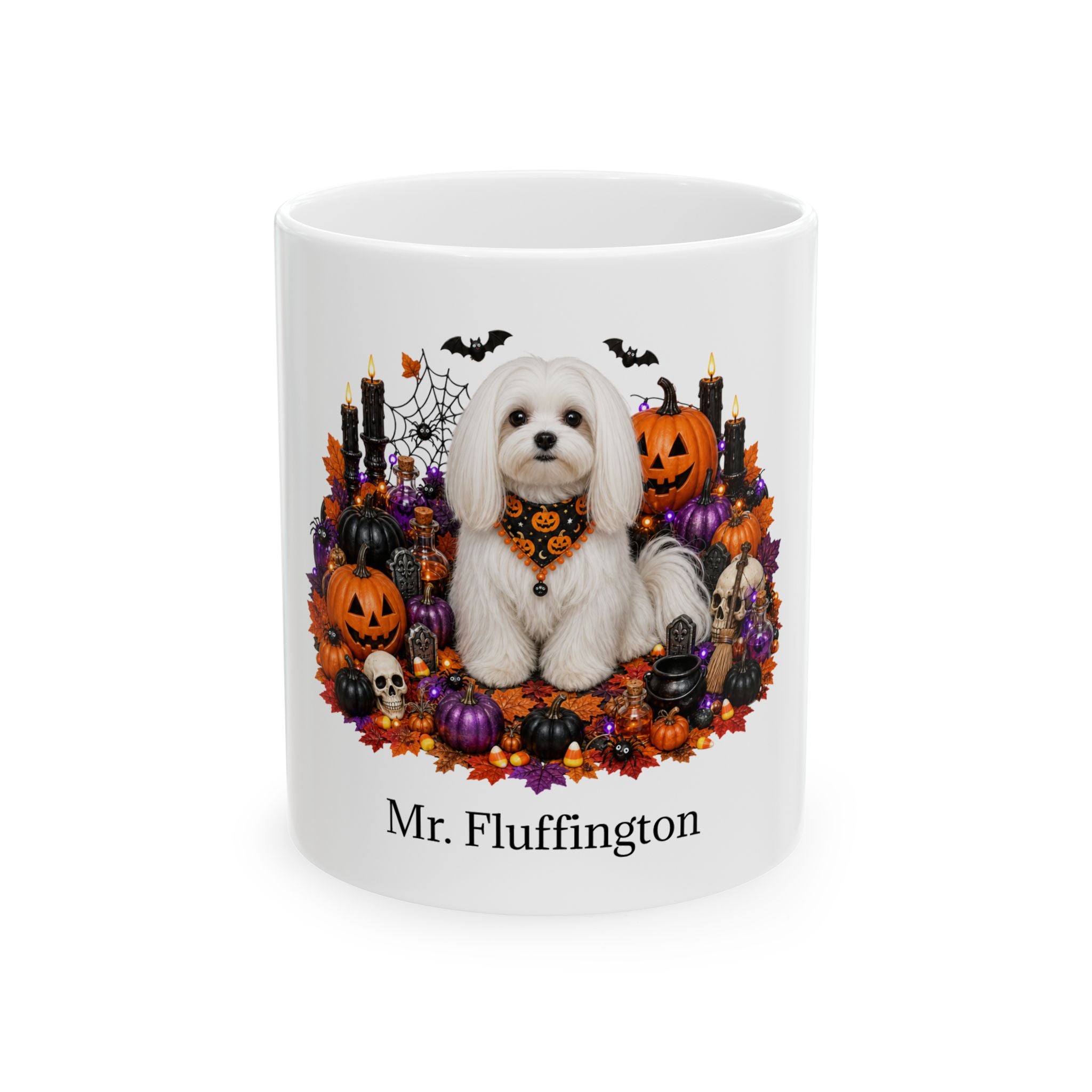Personalized Maltese Halloween mug with custom dog name, front product view