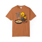 Rust-colored t-shirt featuring a sleepy chick graphic with the text Brew-Tal! I'm going to need coffee.