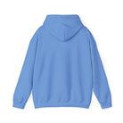 A light blue hooded sweatshirt shown from the back.