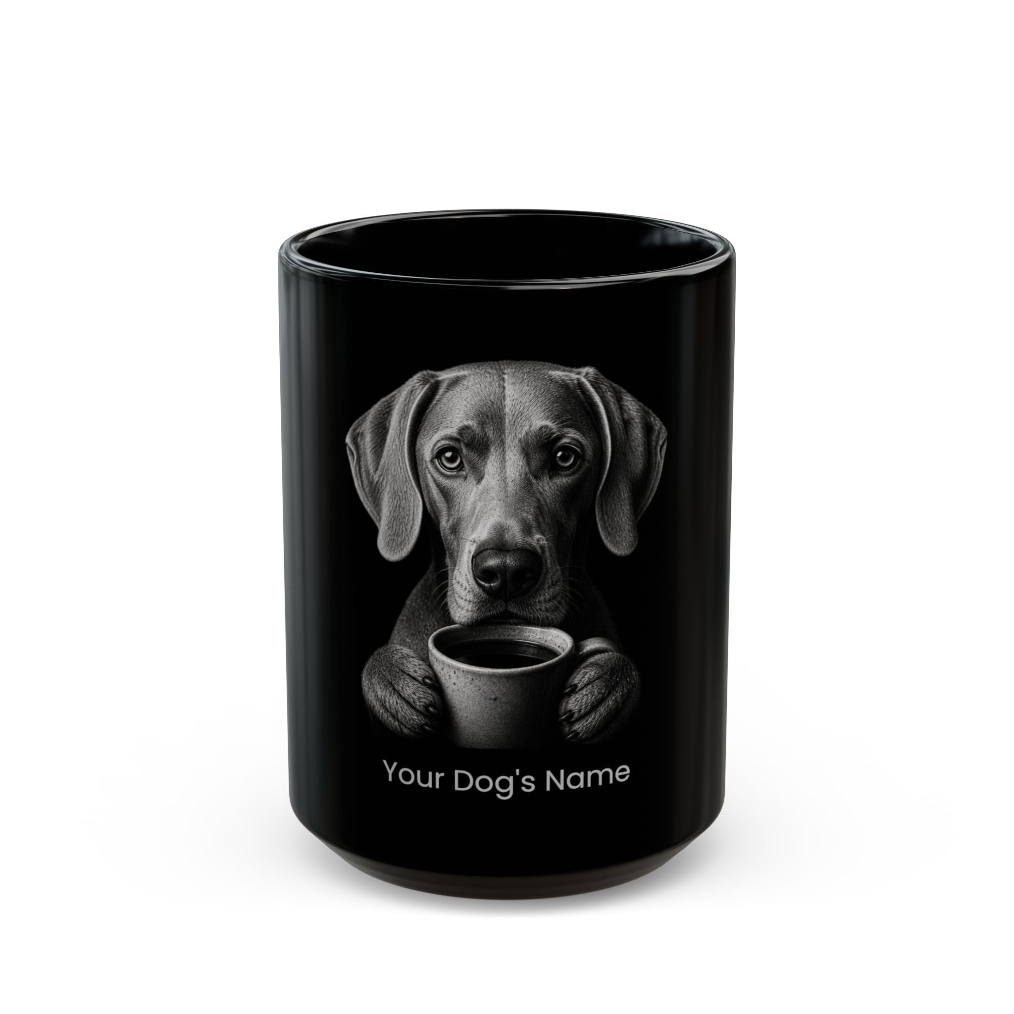 Personalized Weimaraner black ceramic coffee mug with custom dog name