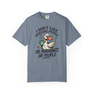 Blue t-shirt featuring a grumpy duck holding a coffee mug with the text I Don't Like Morning People