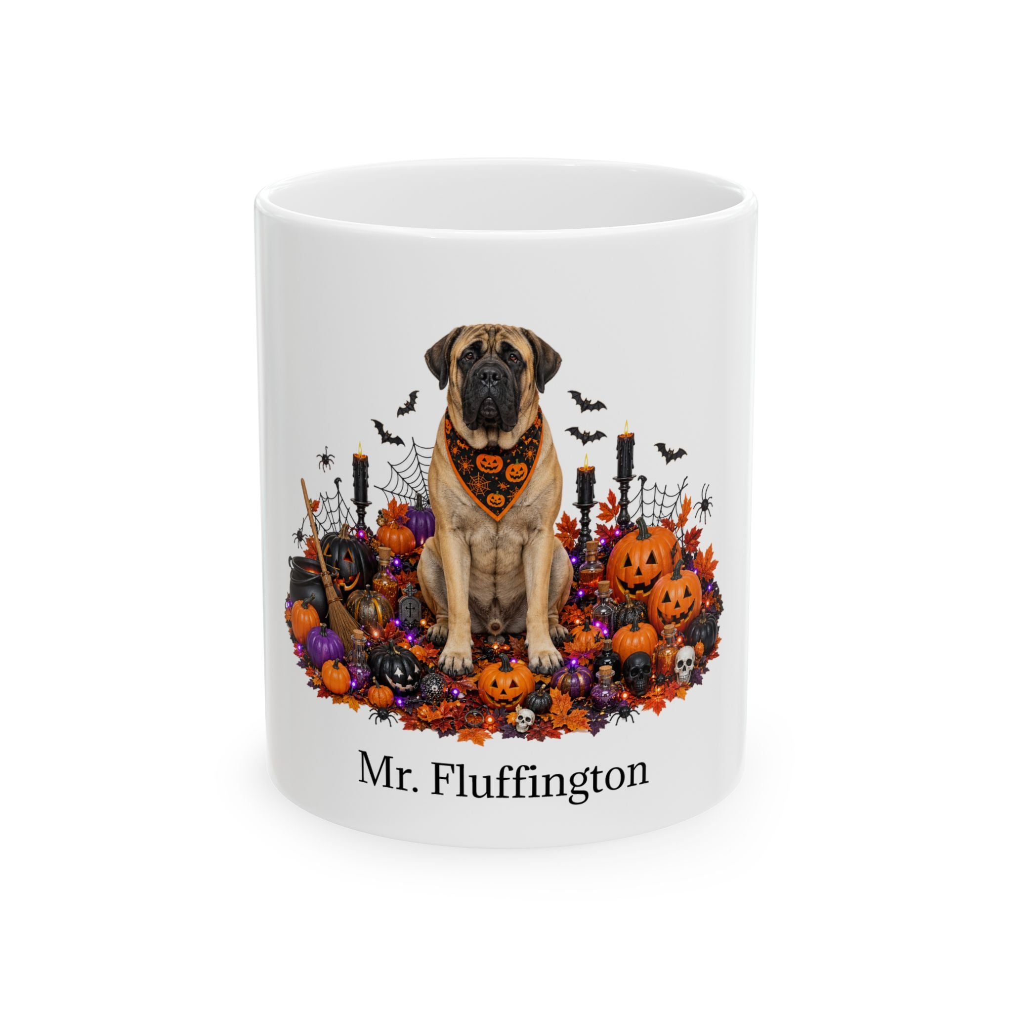 Personalized Mastiff Halloween mug with custom dog name, front product view