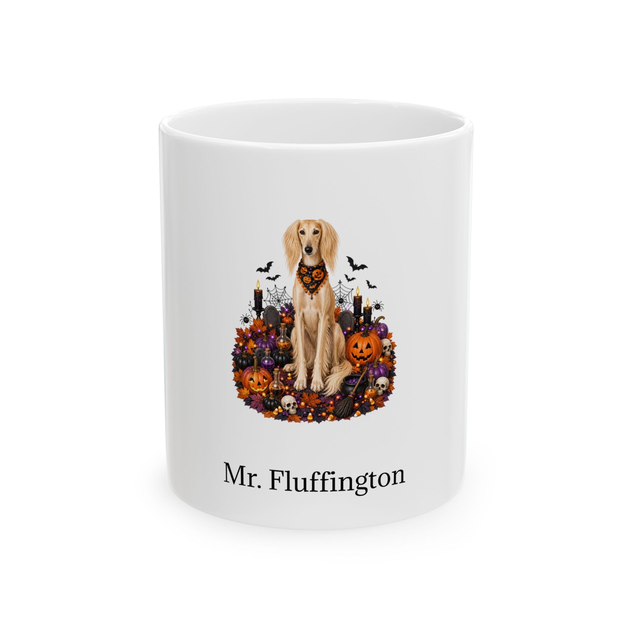 Personalized Saluki dog Halloween mug, 11oz white ceramic, with custom pet name on front