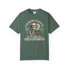 Green t-shirt featuring a skeleton wearing a red bandana and holding a steaming coffee mug.