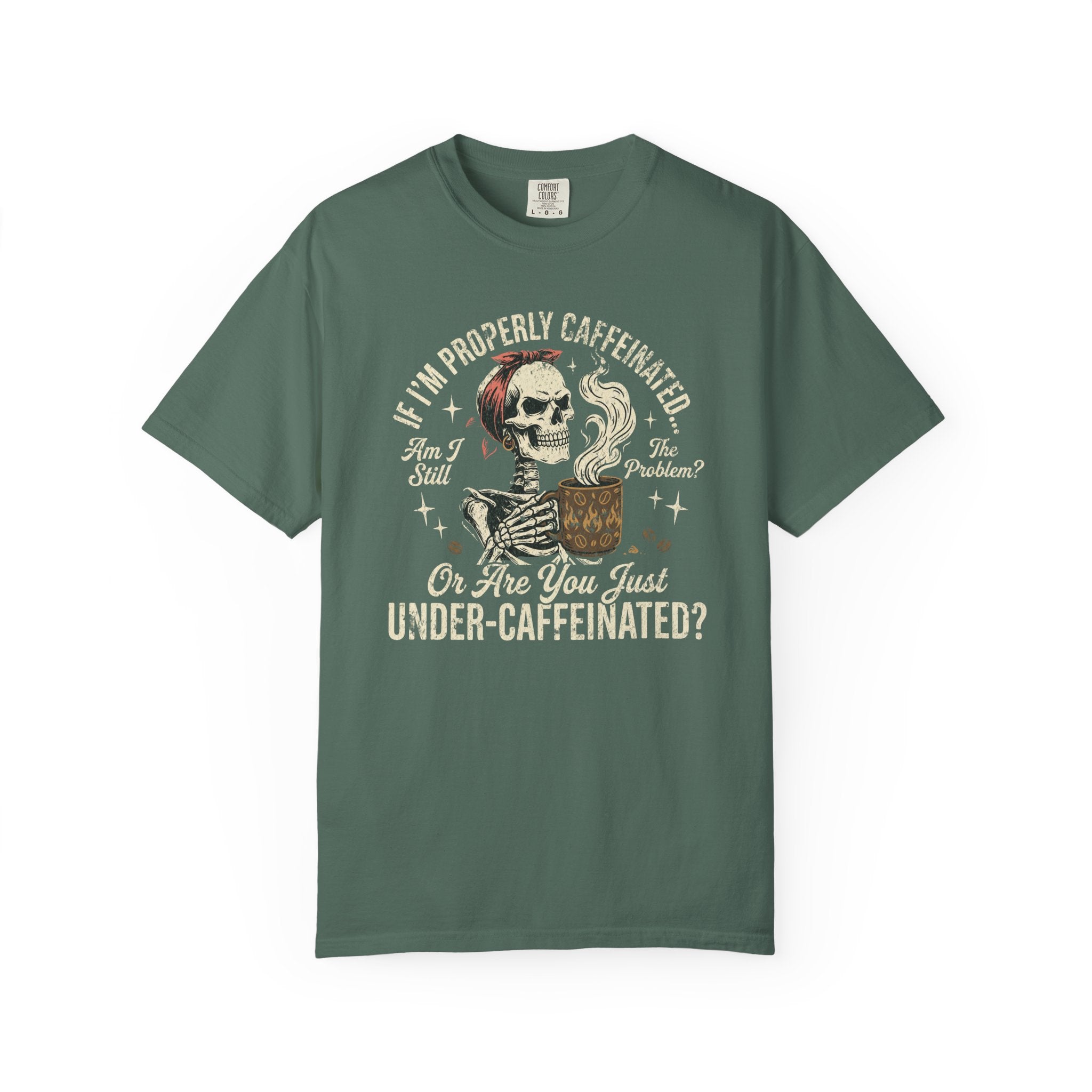 Green t-shirt featuring a skeleton wearing a red bandana and holding a steaming coffee mug.