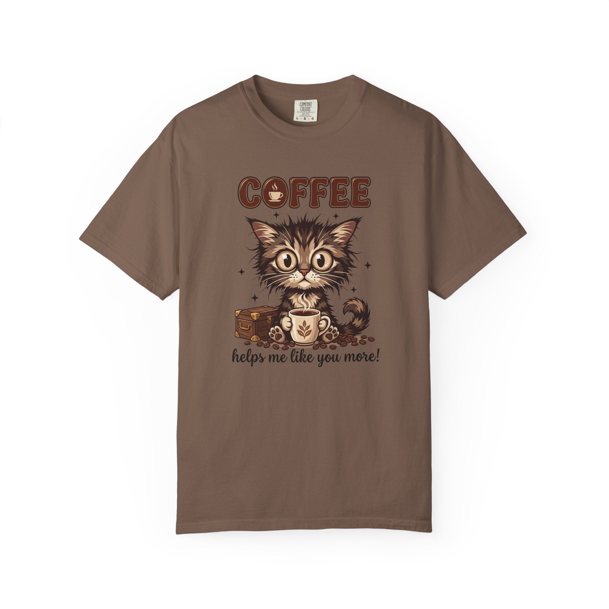 Brown unisex cotton t-shirt featuring a graphic of a fluffy kitten holding a coffee mug.