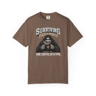 Brown Comfort Colors unisex t-shirt with a skeleton graphic drinking coffee, Surviving Fatherhood.