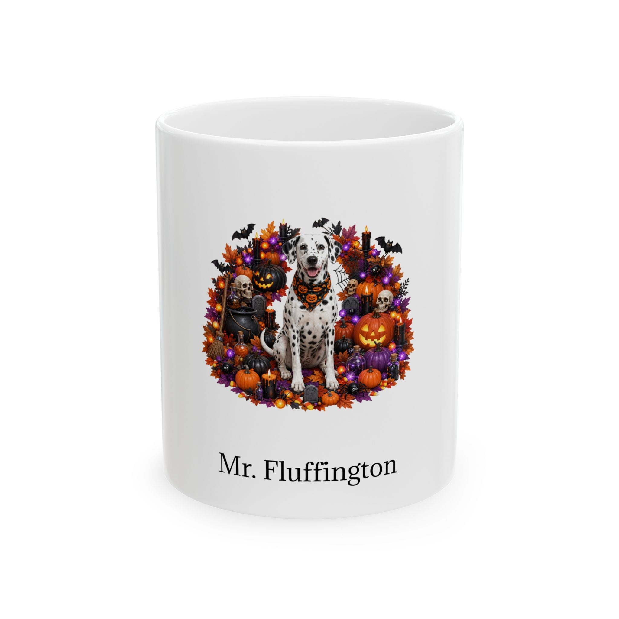 Personalized Dalmatian dog Halloween mug, 11oz white ceramic, with custom pet name on front