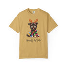 Mustard yellow Comfort Colors t-shirt featuring a Yorkie with reindeer antlers and Christmas lights.