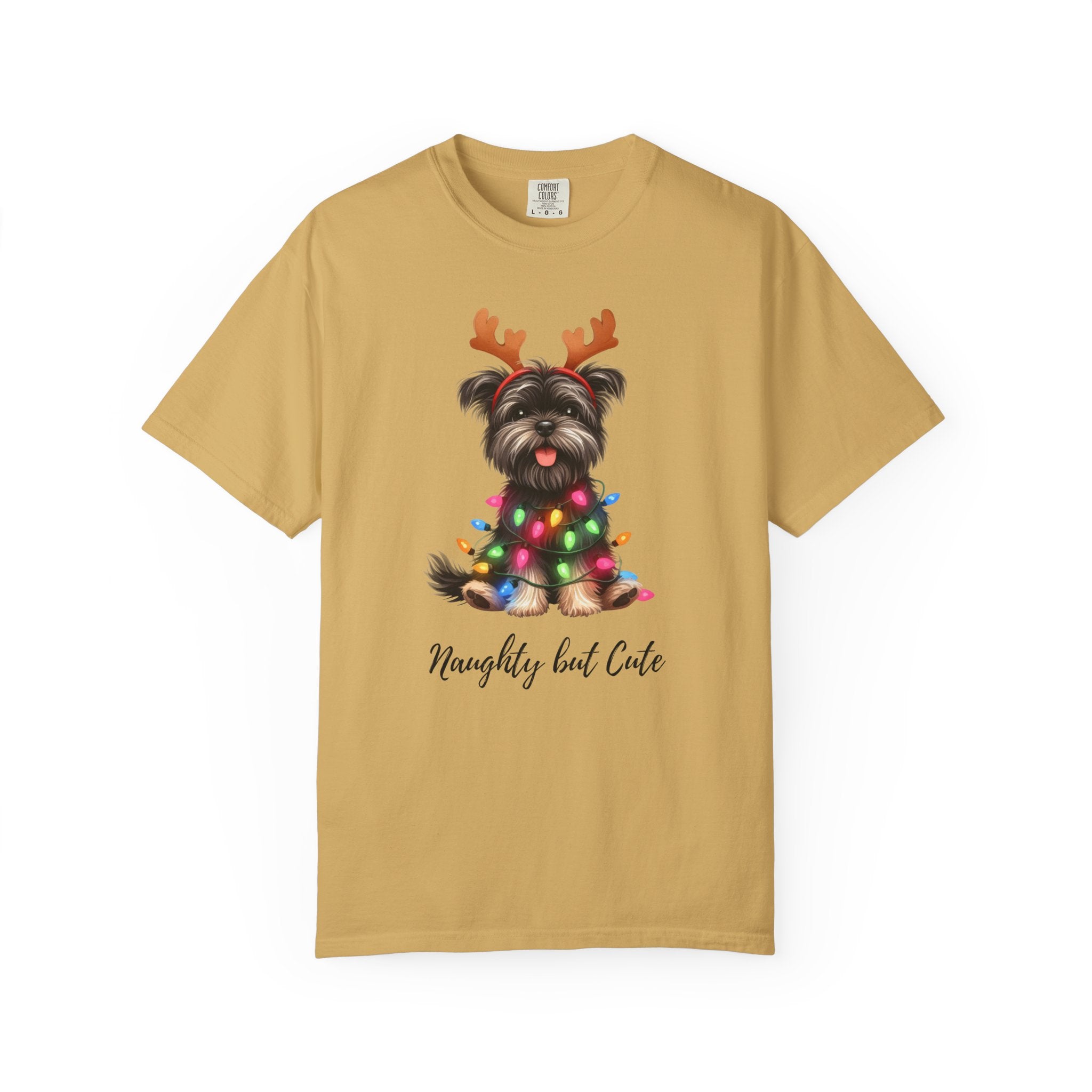 Mustard yellow Comfort Colors t-shirt featuring a Yorkie with reindeer antlers and Christmas lights.