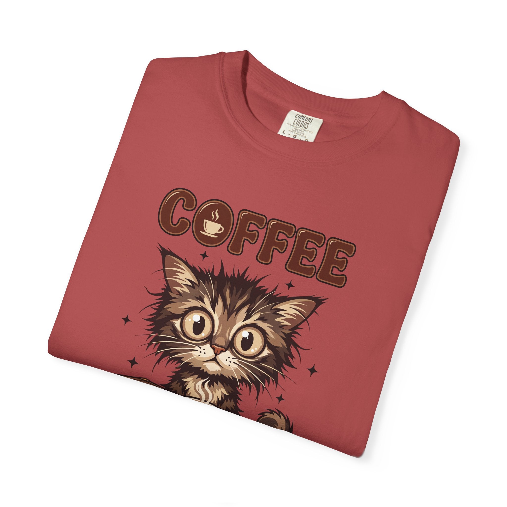 Red unisex cotton t-shirt featuring a graphic of a fluffy kitten and the word COFFEE.