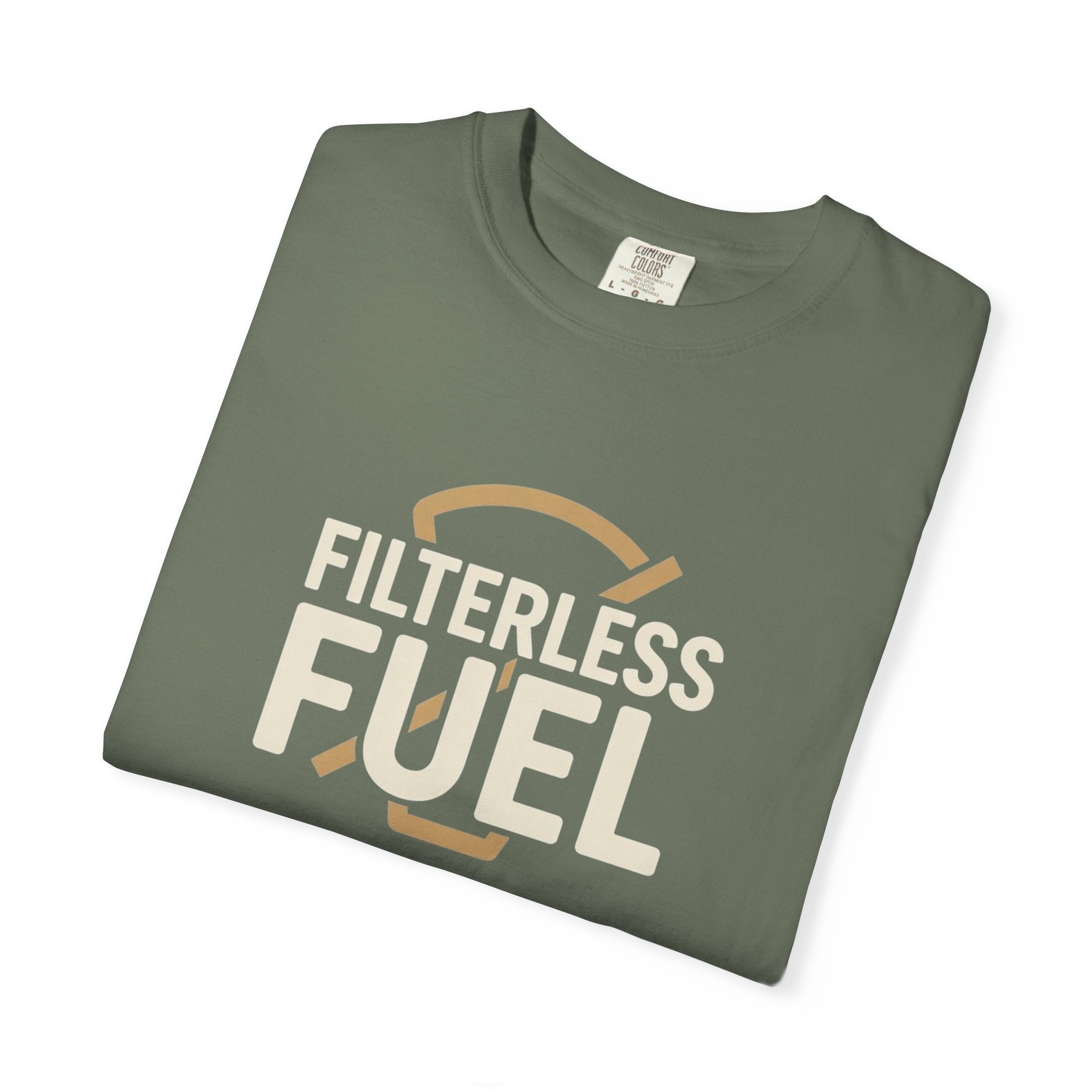 A folded olive green cotton t-shirt featuring the text Filterless Fuel in a retro design.