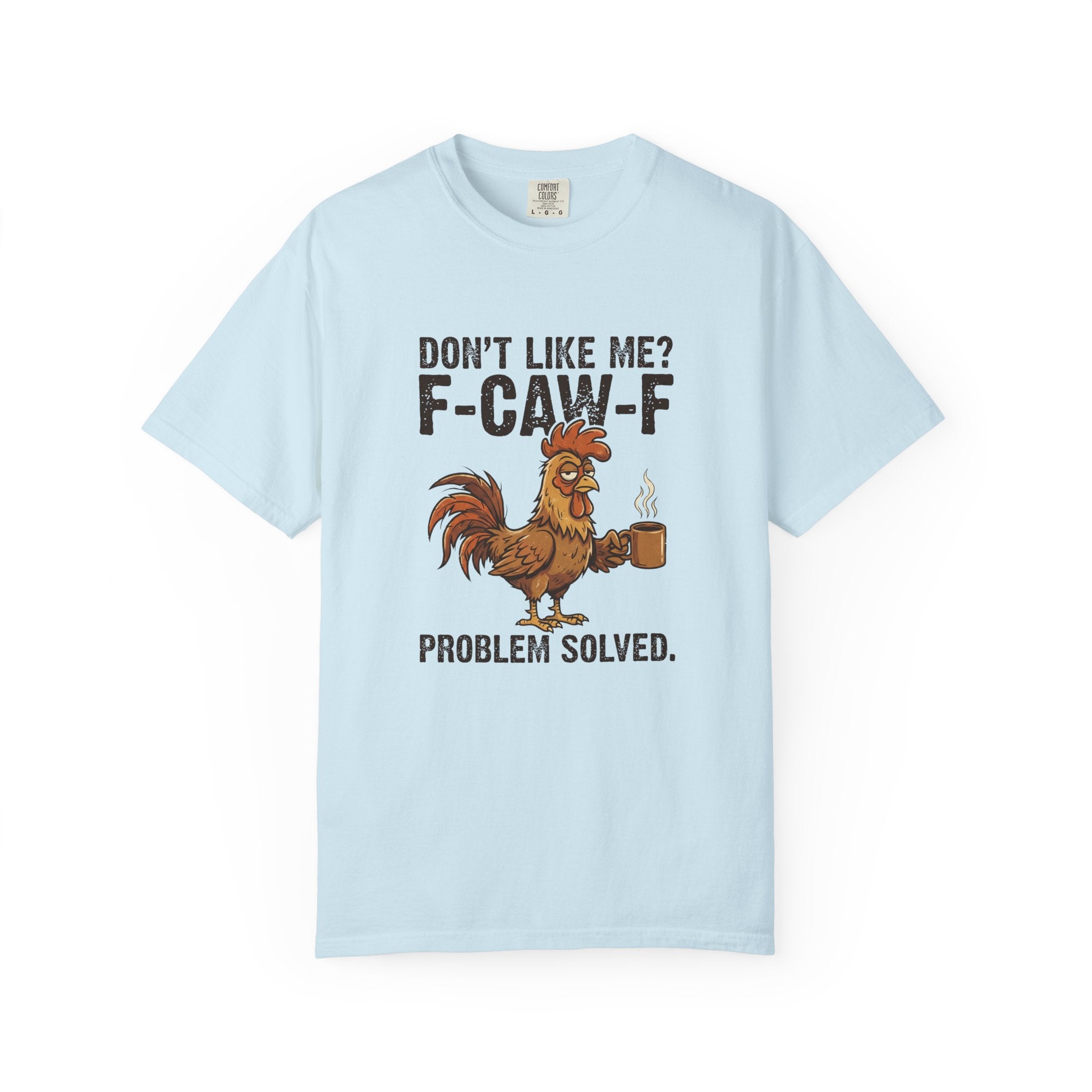 A light blue unisex t-shirt featuring a distressed graphic of a rooster holding a coffee mug.