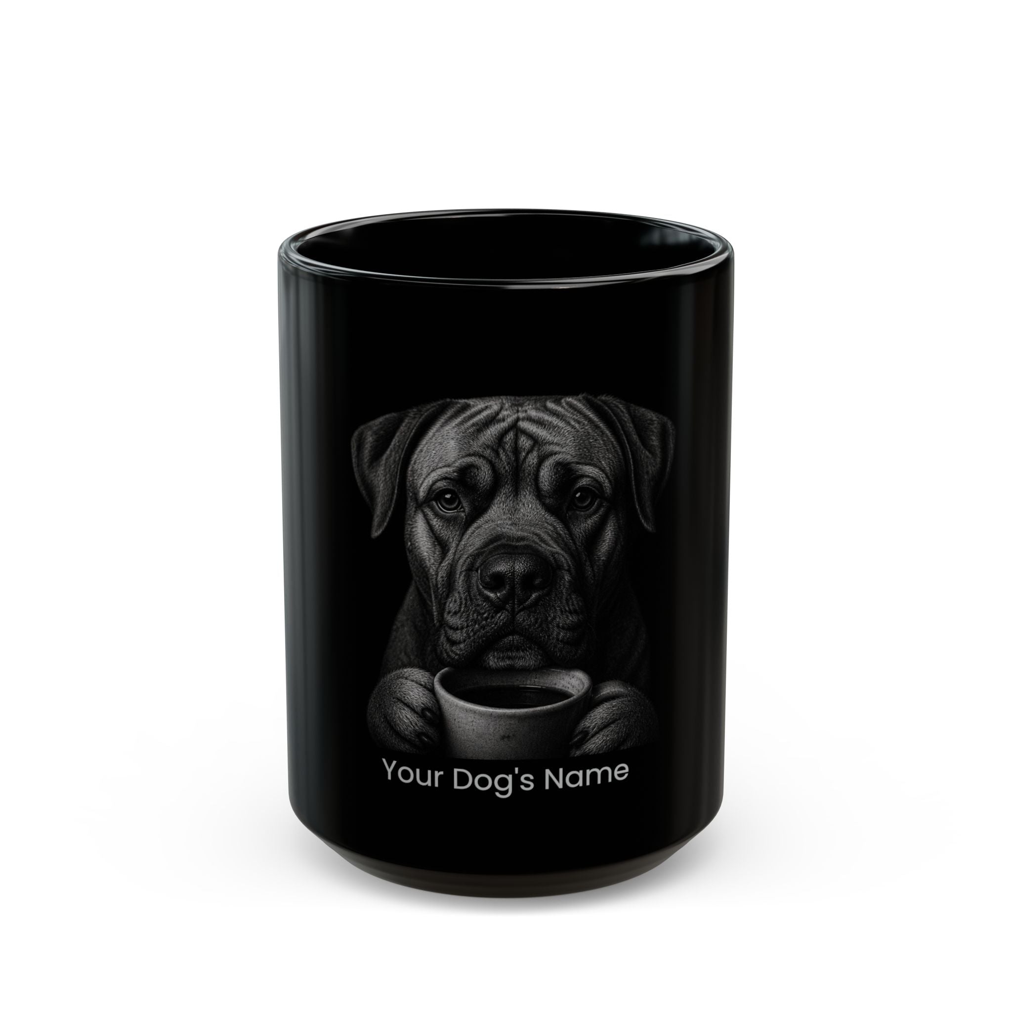 Personalized Boerboel black ceramic coffee mug with custom dog name