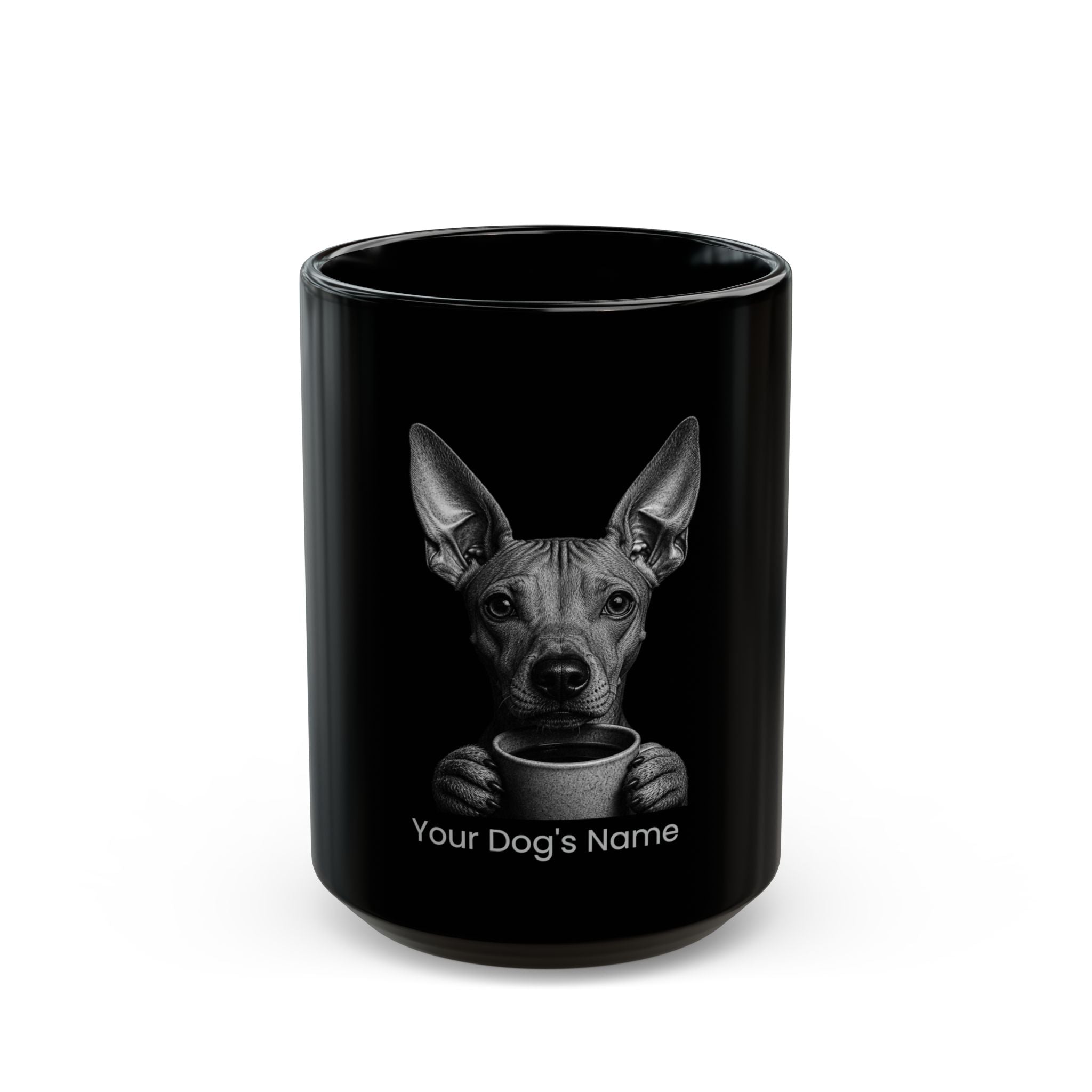 Personalized Mexican Hairless black ceramic coffee mug with custom dog name