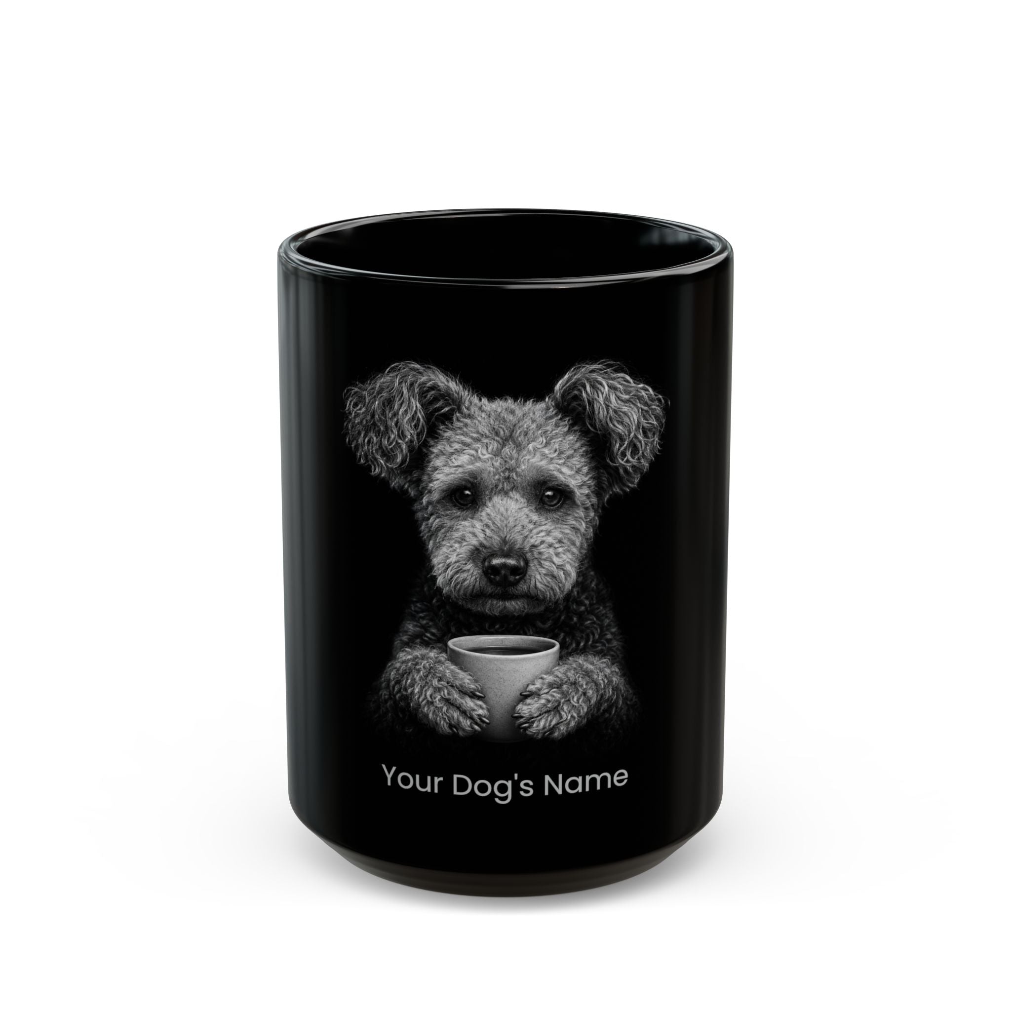 Personalized Pumik black ceramic coffee mug with custom dog name