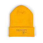 A yellow cuffed beanie with "Brevity Brew" embroidered on the front.