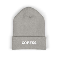 Gray cuffed knit beanie with embroidered "COFFEE" text.