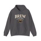 A dark gray hoodie with "BREW GOOD VIBES" and a coffee cup graphic.
