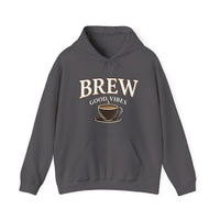 A dark gray hoodie with "BREW GOOD VIBES" and a coffee cup graphic.