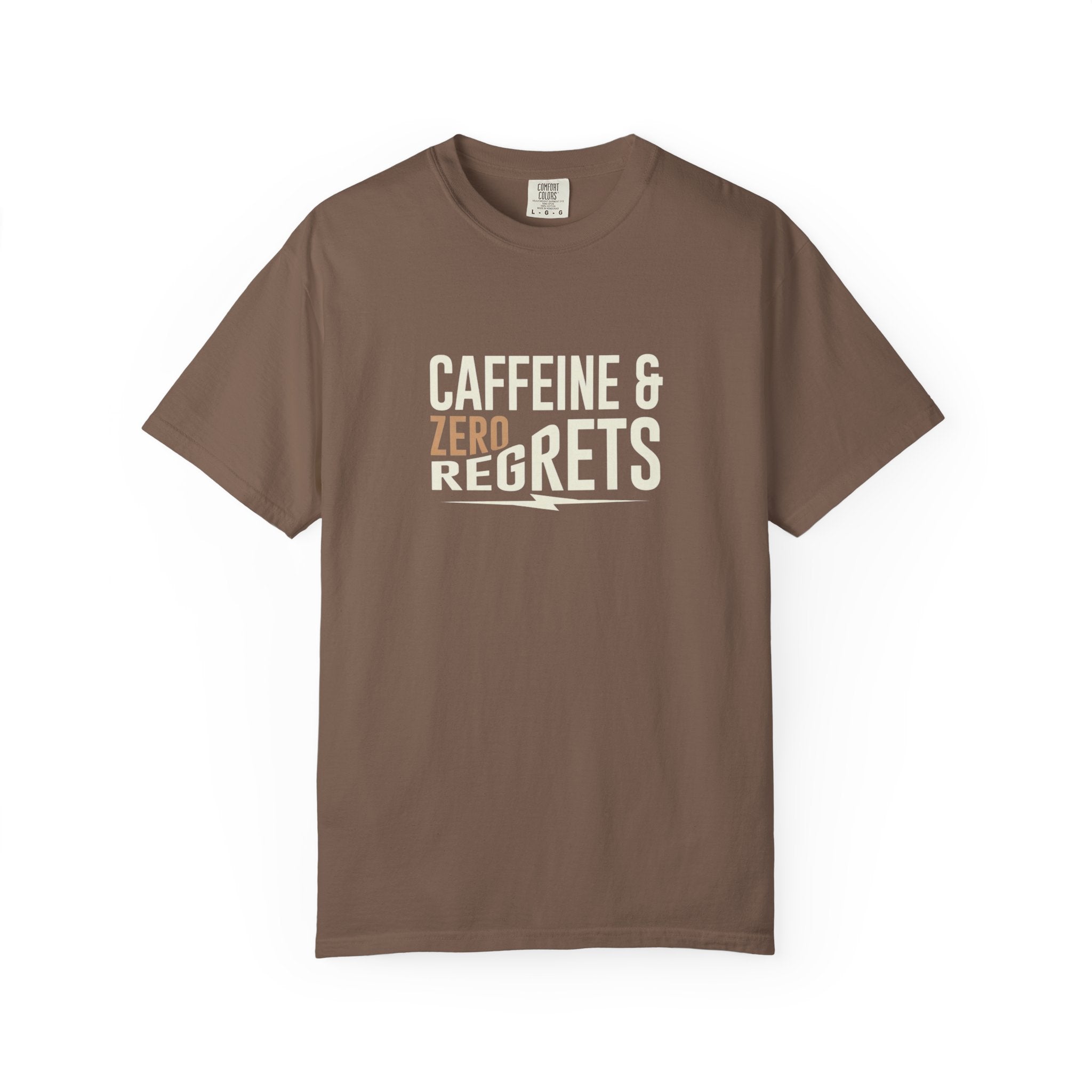 Caffeine & Zero Regrets T-Shirt - Funny Coffee Pun Tee - Sarcastic Barista Shirt - Minimalist Aesthetic Graphic Top - Premium Comfort Colors 1717