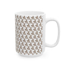 A white ceramic mug featuring a repeating brown line-art pattern of coffee cups with heart-shaped steam.