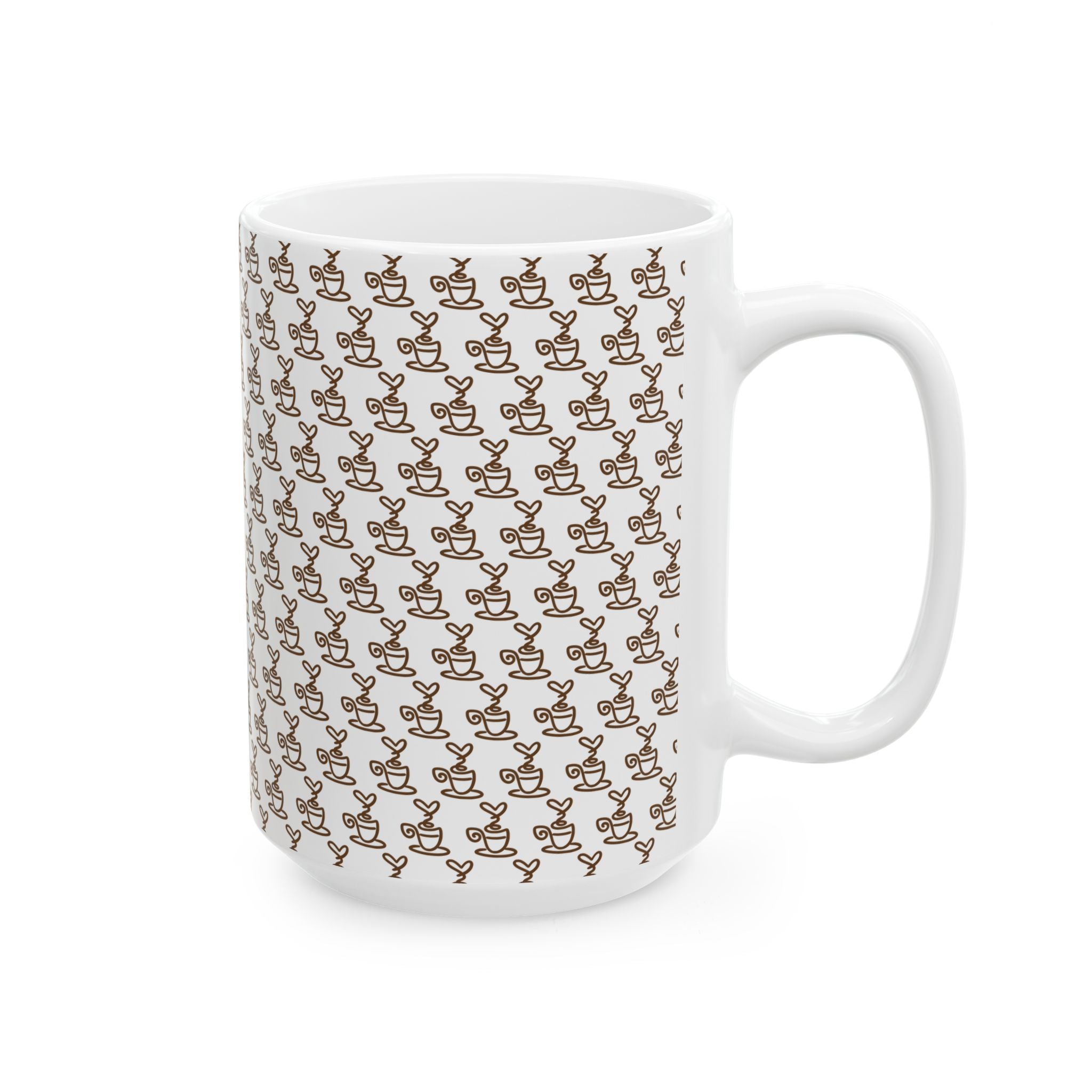 A white ceramic mug featuring a repeating brown line-art pattern of coffee cups with heart-shaped steam.