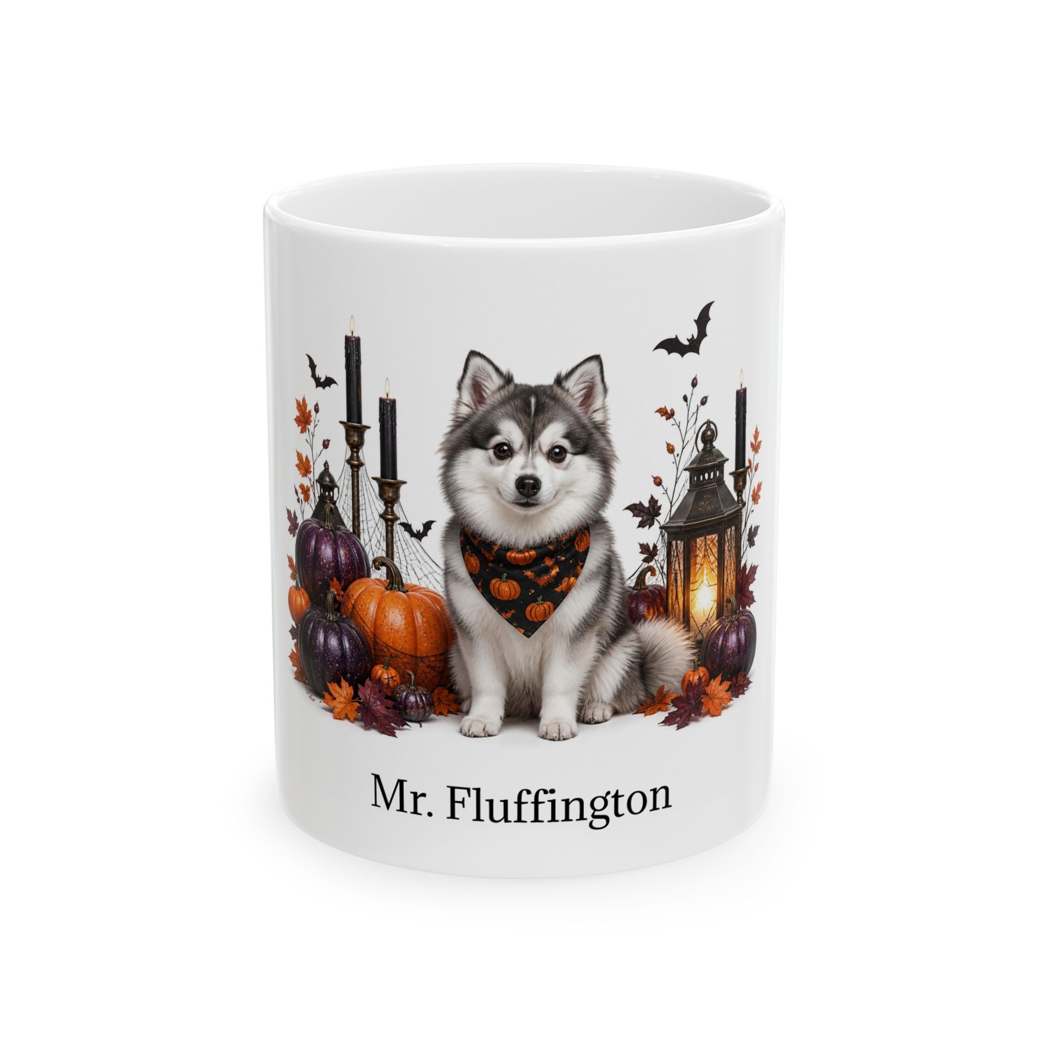 Personalized Pomsky Halloween mug with custom dog name, front product view