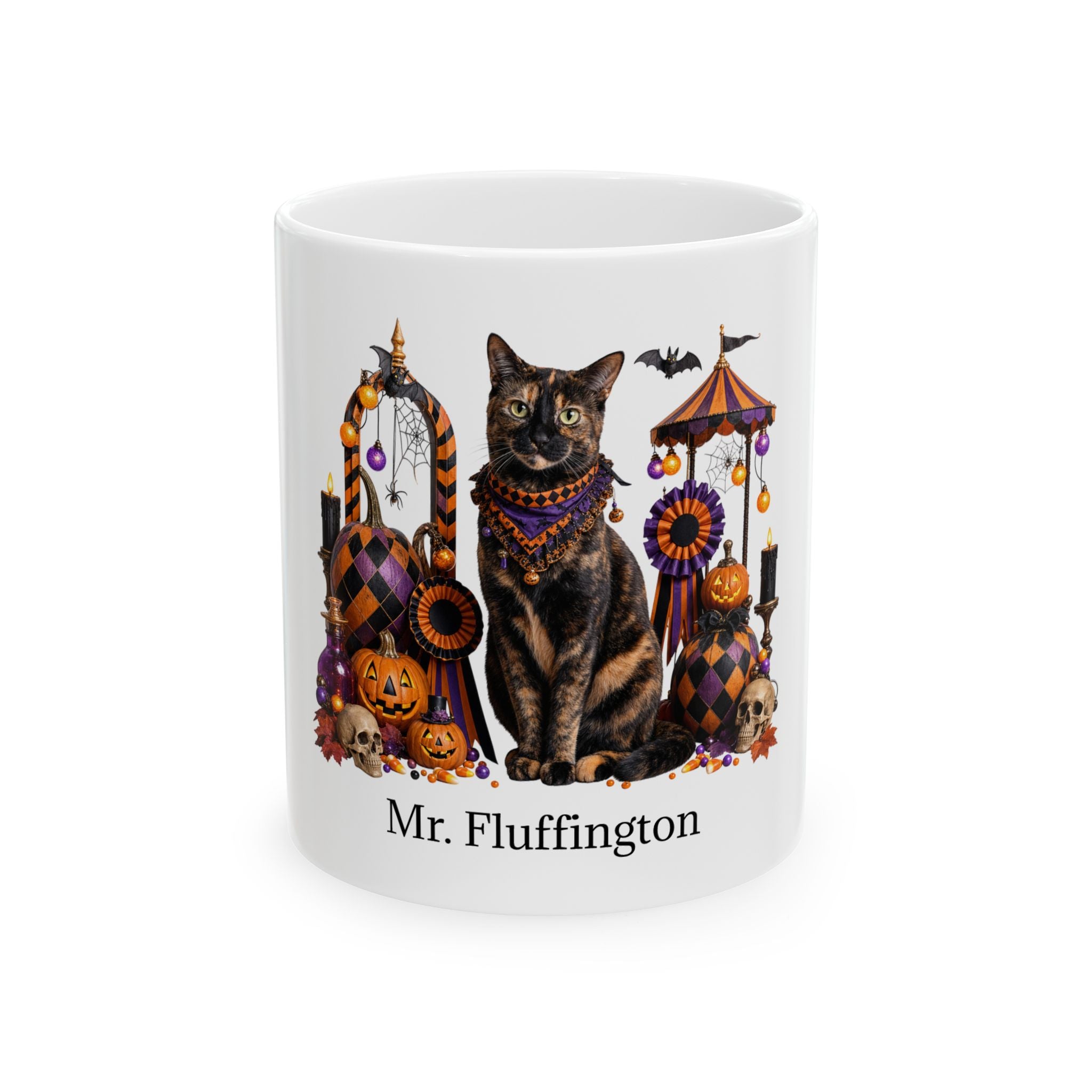 Personalized Tortoiseshell cat ceramic coffee mug with Halloween artwork and custom name — image 2