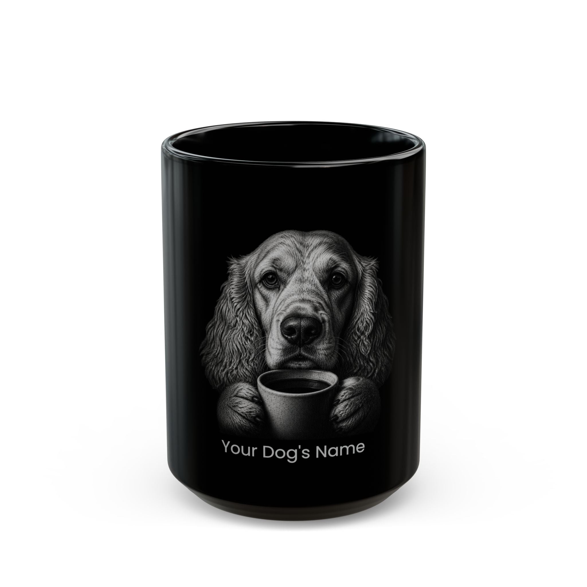 Personalized English Cocker Spaniel black ceramic coffee mug with custom dog name
