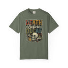 Olive green unisex cotton t-shirt featuring a distressed Death Before Decaf graphic with a skull.
