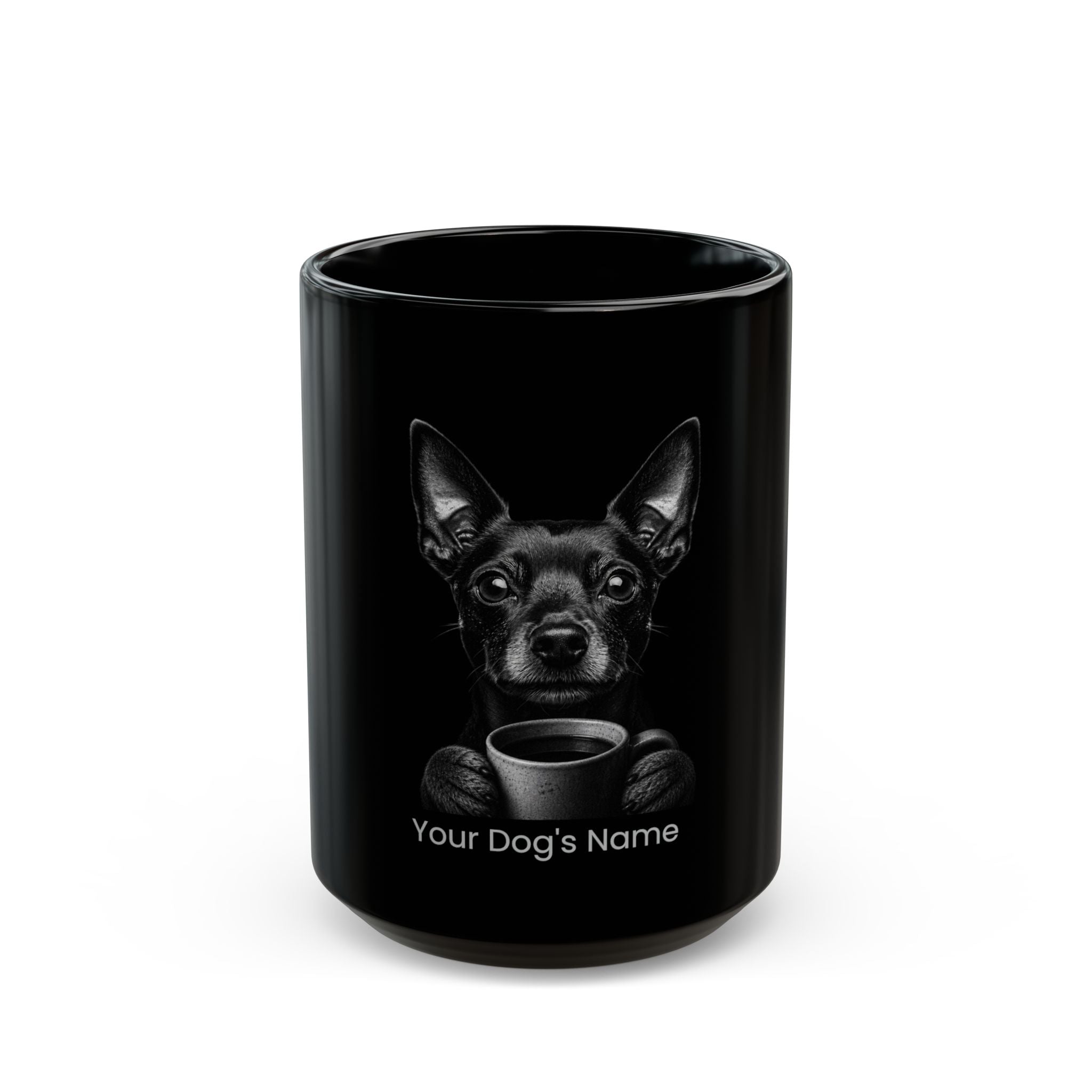 Personalized Miniature Pinscher black ceramic coffee mug with custom dog name