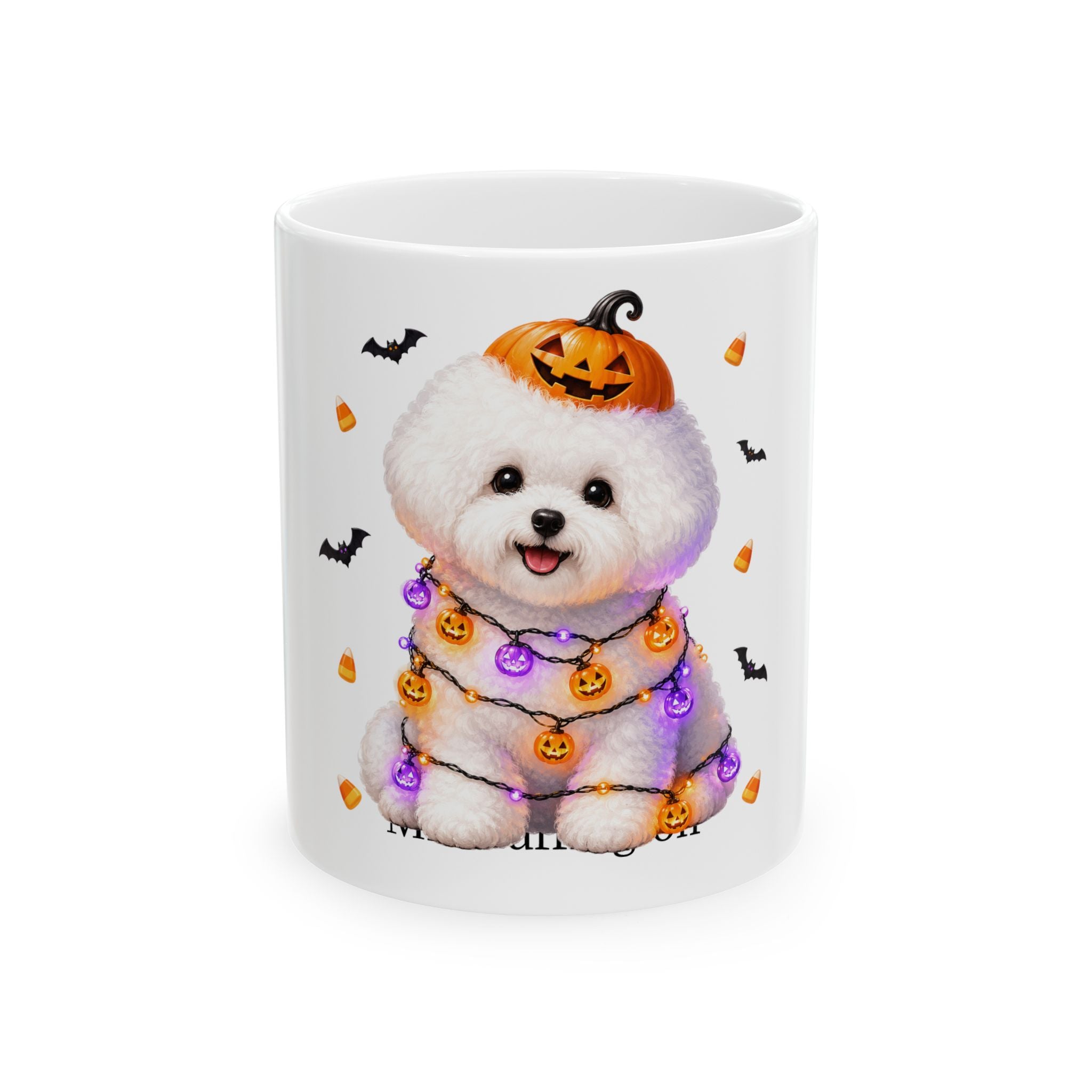 Personalized Bichon Frise Hund dog Halloween mug, 15oz white ceramic, with custom pet name on front