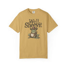 Mustard yellow unisex t-shirt featuring a graphic of a cowboy frog holding a coffee mug.